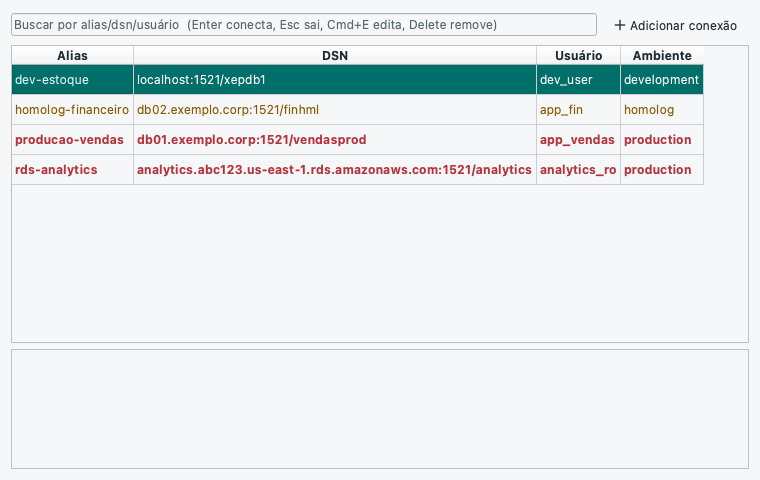 Tela de conexões do OraSentinel, mostrando uma lista de conexões Oracle coloridas por ambiente (produção, homologação, desenvolvimento).